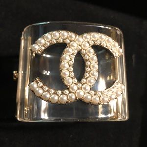 Chanel Lucite Logo Hinged Cuff Bracelet